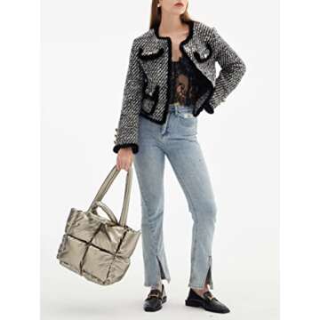 Puffer Tote Bag Women's Glossy Quilted Zipper Closure Puffy Tote Bag Down Padded Shoulder Bag Cute Handbag Aesthetic Handbag (Blue)