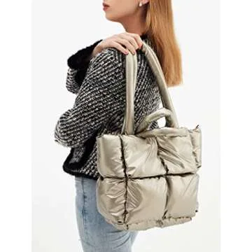 Puffer Tote Bag Women's Glossy Quilted Zipper Closure Puffy Tote Bag Down Padded Shoulder Bag Cute Handbag Aesthetic Handbag (Blue)