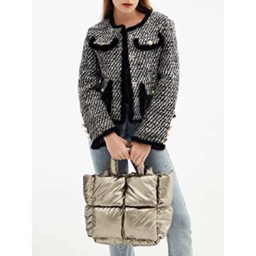 Puffer Tote Bag Women's Glossy Quilted Zipper Closure Puffy Tote Bag Down Padded Shoulder Bag Cute Handbag Aesthetic Handbag (Blue)
