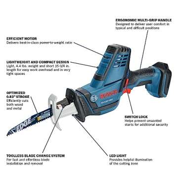 BOSCH GSA18V-083B 18V Cordless Reciprocating Saw - Lightweight & Compact, 0.83" Stroke, 3,050 SPM, V...