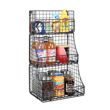 3-Tier Stackable Metal Wire Baskets, Hanging Wall Basket for Storage Countertop Basket Organizer for Fruit Veggies Wall Mounted Bins for Pantry Kitchen Living Room, Black