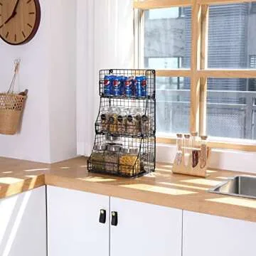 3-Tier Stackable Metal Wire Baskets, Hanging Wall Basket for Storage Countertop Basket Organizer for Fruit Veggies Wall Mounted Bins for Pantry Kitchen Living Room, Black