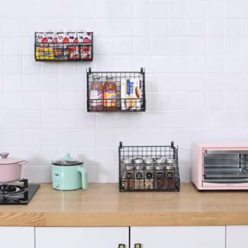 3-Tier Stackable Metal Wire Baskets, Hanging Wall Basket for Storage Countertop Basket Organizer for Fruit Veggies Wall Mounted Bins for Pantry Kitchen Living Room, Black
