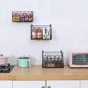 3-Tier Stackable Metal Wire Baskets, Hanging Wall Basket for Storage Countertop Basket Organizer for Fruit Veggies Wall Mounted Bins for Pantry Kitchen Living Room, Black