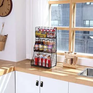 3-Tier Stackable Metal Wire Baskets, Hanging Wall Basket for Storage Countertop Basket Organizer for Fruit Veggies Wall Mounted Bins for Pantry Kitchen Living Room, Black