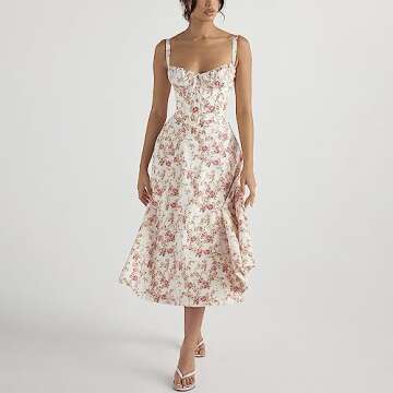EFOGEP Women Floral Corset Dress, Boho Summer Spaghetti Straps Square Neck Casual Midi Dress Flowy S...