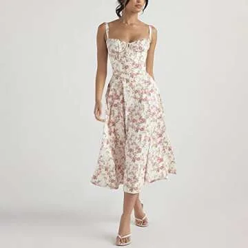 EFOGEP Women Floral Corset Dress, Boho Summer Spaghetti Straps Square Neck Casual Midi Dress Flowy Slit Bustier Dresses Corset Dress Formal Milkmaid Sundress Corset Back Dress White+Pink Floral M