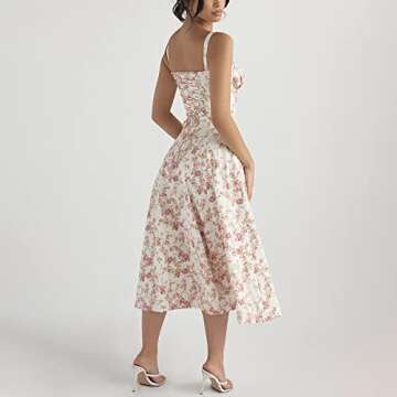 EFOGEP Women Floral Corset Dress, Boho Summer Spaghetti Straps Square Neck Casual Midi Dress Flowy Slit Bustier Dresses Corset Dress Formal Milkmaid Sundress Corset Back Dress White+Pink Floral M