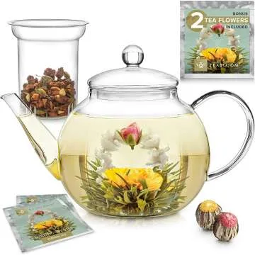 Teabloom 40 OZ Glass Teapot with Infuser & 2 Teas