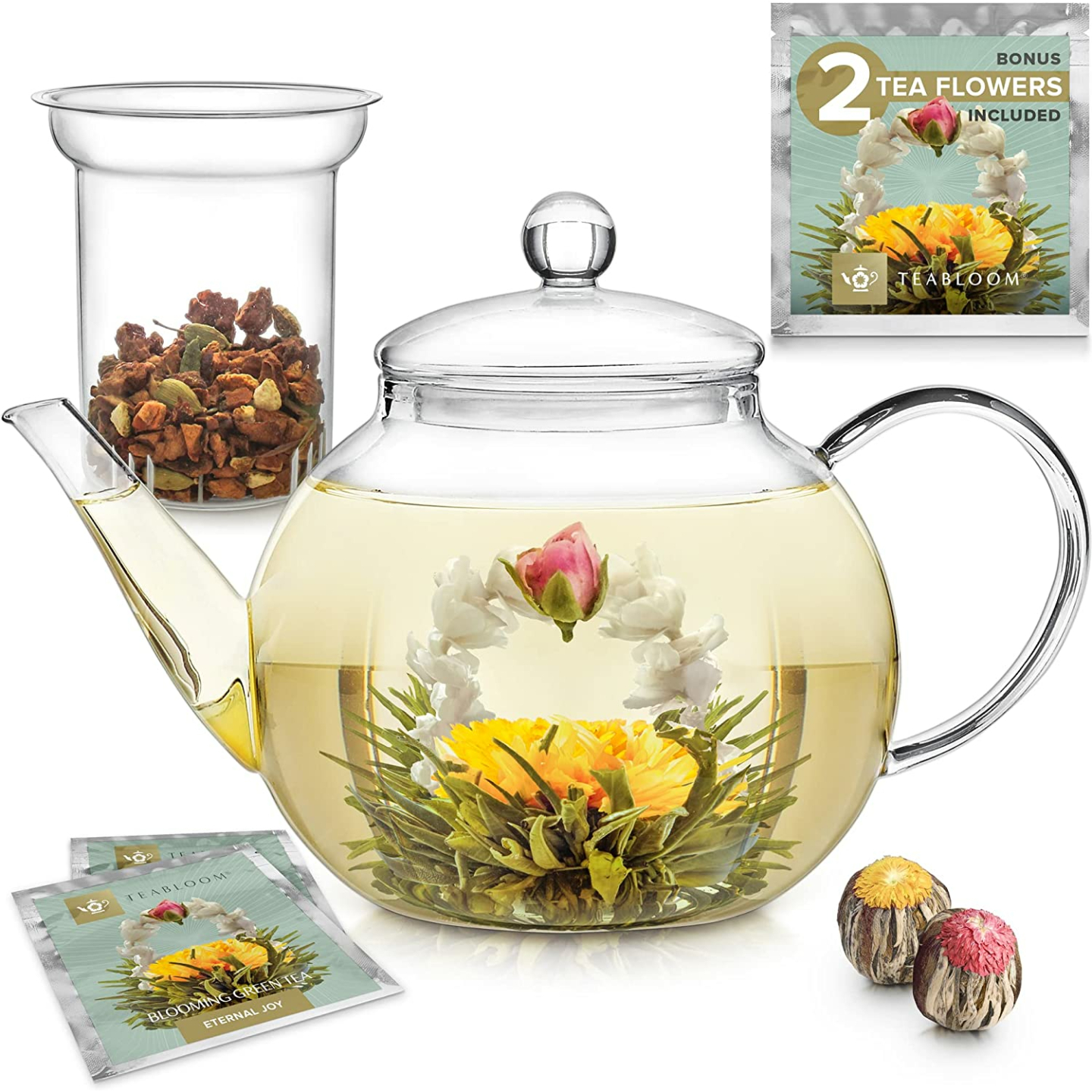 Teabloom 40 OZ Glass Teapot with Infuser & 2 Teas
