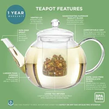 Teabloom 40 OZ Glass Teapot with Infuser & 2 Teas