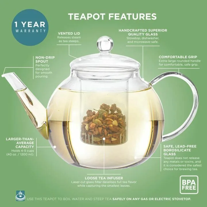 Teabloom 40 OZ Glass Teapot with Infuser & 2 Teas