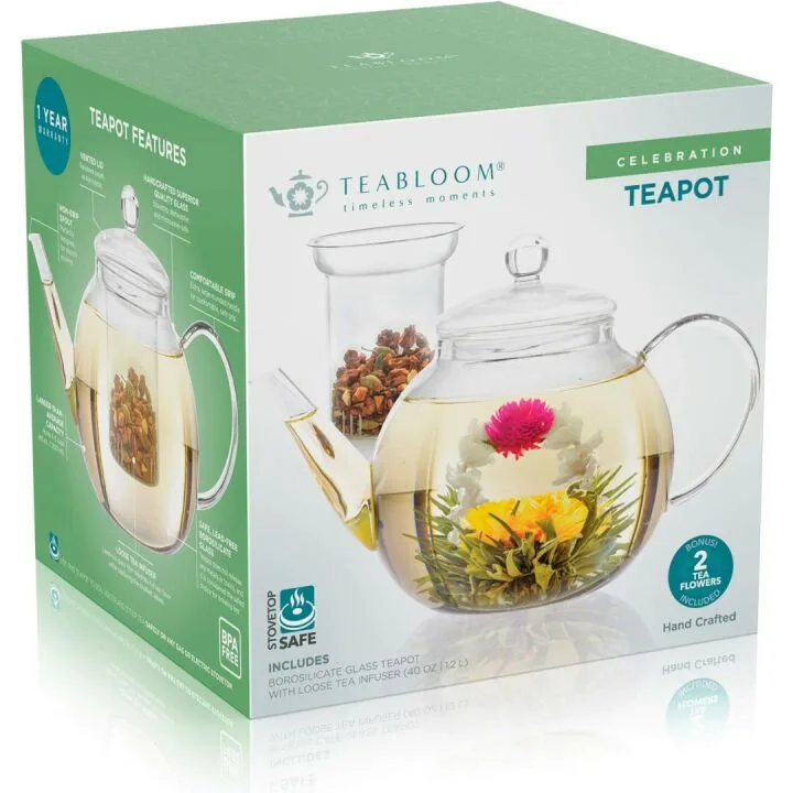 Teabloom 40 OZ Glass Teapot with Infuser & 2 Teas