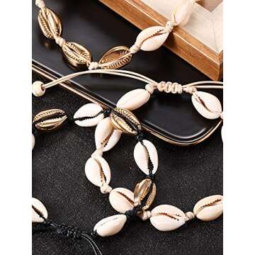 meekoo 4 Pieces Natural Cowrie Shell Ankle Bracelets Seashell Crochet Ankle Bracelet Handmade Boho A...
