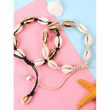 meekoo 4 Pieces Natural Cowrie Shell Ankle Bracelets Seashell Crochet Ankle Bracelet Handmade Boho Anklet Jewelry Adjustable Shell Bead Anklet for Women Hawaii Beach Parties (Style A)