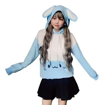 Packitcute Bunny Hoodie Kawaii Print Loose Casual Pullover Hoodie Tops (Blue, L)
