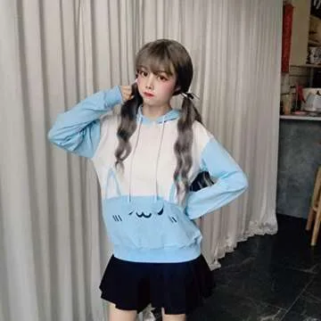 Packitcute Bunny Hoodie Kawaii Print Loose Casual Pullover Hoodie Tops (Blue, L)