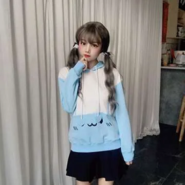 Packitcute Bunny Hoodie Kawaii Print Loose Casual Pullover Hoodie Tops (Blue, L)