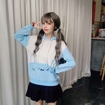 Packitcute Bunny Hoodie Kawaii Print Loose Casual Pullover Hoodie Tops (Blue, L)