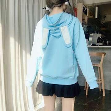 Packitcute Bunny Hoodie Kawaii Print Loose Casual Pullover Hoodie Tops (Blue, L)