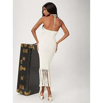 Floerns Women's Asymmetrical Fringe Hem Sleeveless Party Bodycon Long Dress Beige M