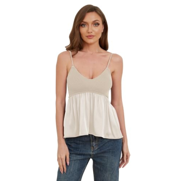 MISSACTIVER Women's Cute Peplum Hem Patchwork Cami Tank Top V Neck Spaghetti Strap Camisole Sleeveless Ruffle Babydoll Shirts Beige