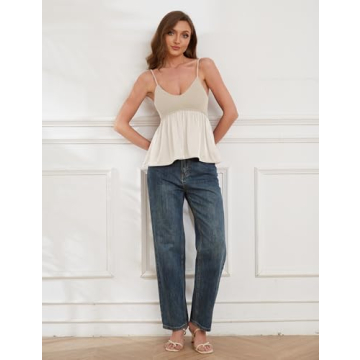 MISSACTIVER Women's Cute Peplum Hem Patchwork Cami Tank Top V Neck Spaghetti Strap Camisole Sleeveless Ruffle Babydoll Shirts Beige