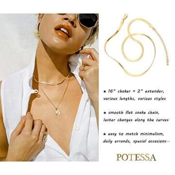 POTESSA 18k Gold Snake Chain Choker Necklace for Women Flat Herringbone Chain Fashion Stainless Stee...