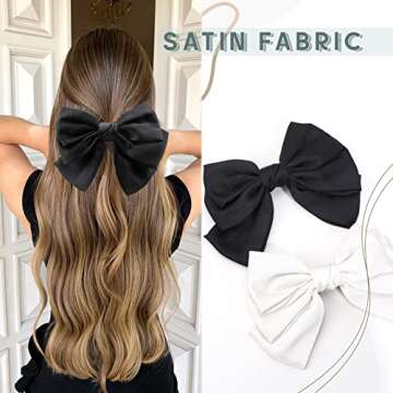 2PCS Big Satin Layered Hair Bows for Women Girls 7 Inch Black White Barrette Hair Clip Large Silk Ri...