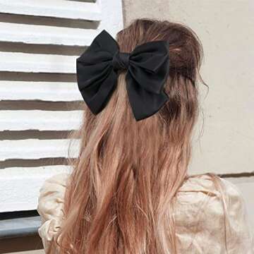 2PCS Big Satin Layered Hair Bows for Women Girls 7 Inch Black White Barrette Hair Clip Large Silk Ribbon Bows French Style Hair Accessories (Black+White)