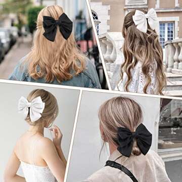 2PCS Big Satin Layered Hair Bows for Women Girls 7 Inch Black White Barrette Hair Clip Large Silk Ribbon Bows French Style Hair Accessories (Black+White)