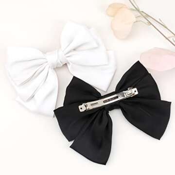 2PCS Big Satin Layered Hair Bows for Women Girls 7 Inch Black White Barrette Hair Clip Large Silk Ribbon Bows French Style Hair Accessories (Black+White)