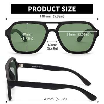 GLINDAR Men's, Women's Polarized Aviator Sunglasses Vintage Square Driving Glasses (Matte Black Frame / Polarized Green Lens)