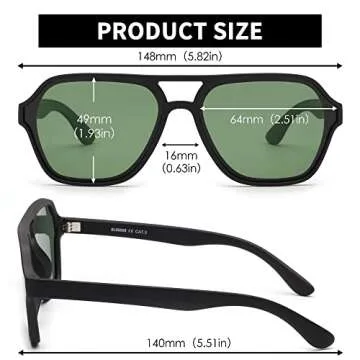 GLINDAR Men's, Women's Polarized Aviator Sunglasses Vintage Square Driving Glasses (Matte Black Frame / Polarized Green Lens)
