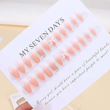 24 Pcs White French Tip Press on Nails - Glamorous Coffin Shape with Rhinestones