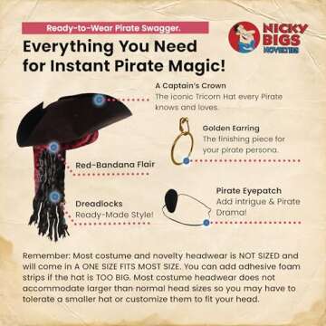 Nicky Bigs Novelties - Pirate Costume Men + Women - Deluxe Adult Pirate Hat, Dreadlocks Eye Patch and Earrings - Tricorn Hat Props Caribbean Buccaneer Accessories Set, Adjustable Size - Brown