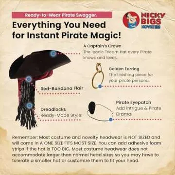 Nicky Bigs Novelties - Pirate Costume Men + Women - Deluxe Adult Pirate Hat, Dreadlocks Eye Patch and Earrings - Tricorn Hat Props Caribbean Buccaneer Accessories Set, Adjustable Size - Brown