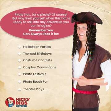 Nicky Bigs Novelties - Pirate Costume Men + Women - Deluxe Adult Pirate Hat, Dreadlocks Eye Patch and Earrings - Tricorn Hat Props Caribbean Buccaneer Accessories Set, Adjustable Size - Brown