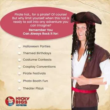 Nicky Bigs Novelties - Pirate Costume Men + Women - Deluxe Adult Pirate Hat, Dreadlocks Eye Patch and Earrings - Tricorn Hat Props Caribbean Buccaneer Accessories Set, Adjustable Size - Brown