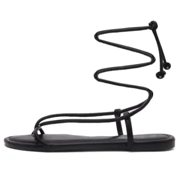 Shoe Land SL-Auday Womens Lace Up Flat Sandals Open Toe Tie Up Ankle Wrap Flat Sandals Black White Red Green Gold Flat Sandals Crisscross Casual Slides for Summer, Black, Size 7.5
