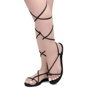 Shoe Land SL-Auday Womens Lace Up Flat Sandals Open Toe Tie Up Ankle Wrap Flat Sandals Black White Red Green Gold Flat Sandals Crisscross Casual Slides for Summer, Black, Size 7.5