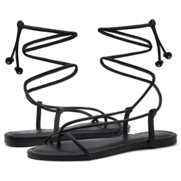 Shoe Land SL-Auday Womens Lace Up Flat Sandals Open Toe Tie Up Ankle Wrap Flat Sandals Black White Red Green Gold Flat Sandals Crisscross Casual Slides for Summer, Black, Size 7.5