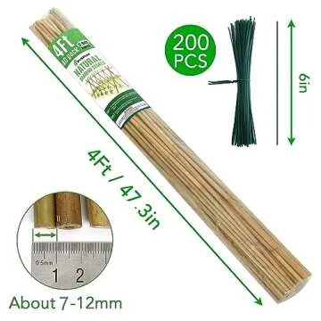 SWANGSA 40 Pack 4 Feet Bamboo Stakes for Plant, Bamboo Sticks Plant Support Garden Stakes Poles with 200pcs Twist Ties for Tomatoes, Beans, Flowers, Potted Plants, Indoor and Outdoor Climbing Plants