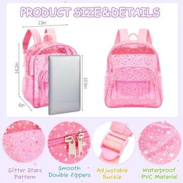 Bulyoou Clear Backpack Glitter Transparent Backpack Pink Star See Through Plastic Backpack for Kids Girls Stadium Concert Festival Events