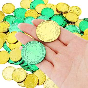 Gejoy 200 PCS St. Patrick's Day Shamrock Coins 3-Leaf Clover Good Luck Coins Green and Gold Plastic Table Sprinkles with Shamrocks Drawstring Bag for Party Supplies