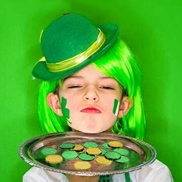 Gejoy 200 PCS St. Patrick's Day Shamrock Coins 3-Leaf Clover Good Luck Coins Green and Gold Plastic Table Sprinkles with Shamrocks Drawstring Bag for Party Supplies