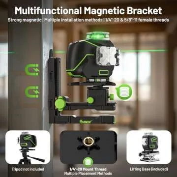 Huepar Laser Level 360 Self Leveling, 4x360° Green Cross Line Laser with LCD Screen, 4D Bluetooth Outdoor Pulse Mode Laser Tool for Construction -Remote Control, Li-ion Battery or 4 AA Batteries-S04CG