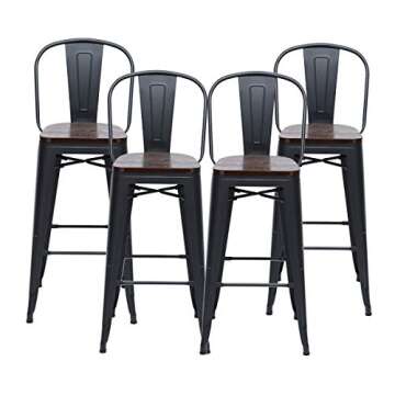 HAOBO Home 24" High Back Barstools Metal Stool with Wooden Seat [Set of 4] Counter Height Bar Stools, Matte Black