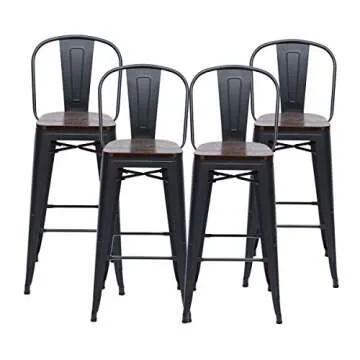 HAOBO Home 24" High Back Barstools Metal Stool with Wooden Seat [Set of 4] Counter Height Bar Stools, Matte Black