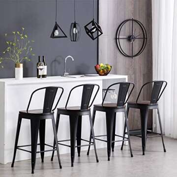 HAOBO Home 24" High Back Barstools Metal Stool with Wooden Seat [Set of 4] Counter Height Bar Stools, Matte Black